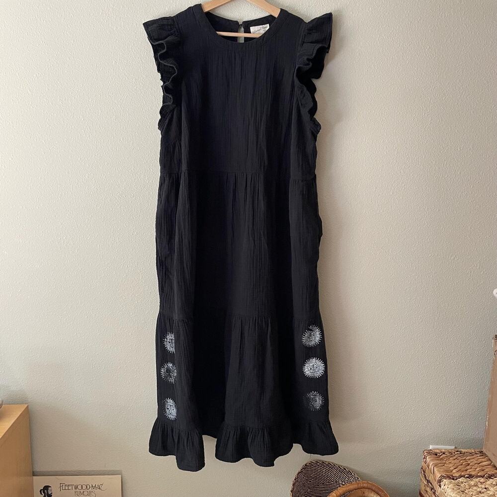 Celestial Sun Face Hand Stamped Black Cotton Dress Whimsigoth Fairycore Boho XXL